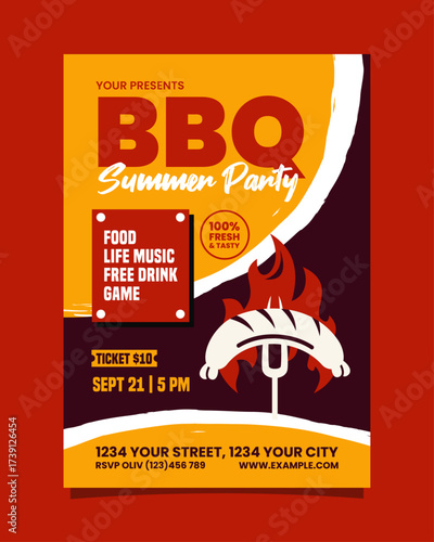 BBQ Summer Party Vertical Portrait Flyer or Poster Red And Yellow, BBQ invitation poster vector template design.