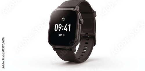 The image showcases a black smartwatch on a white background. The watch features a square face with rounded edges and a black rubber or silicone strap.