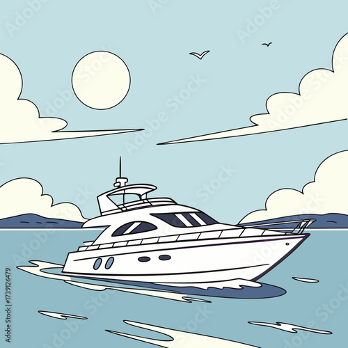 Vector art of a sleek vector illustration showcases a modern yacht cruising on the water under a sunny sky with scattered clouds, embodying luxury and leisure on the open sea, with birds flying above