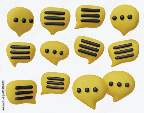 Creative 3D chat icons set, symbolizing dialogue, conversation, texting, communication apps, forums, and social media interaction.