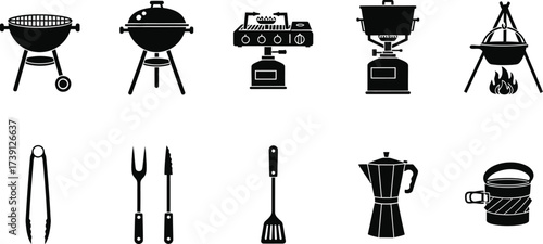 Set of camping and grilling equipment, including grill, stove, pot, kettle, and utensils in black silhouette