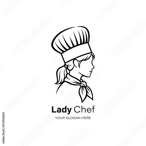 Minimalist restaurant and cafe logo line art illustration of a lady chef in profile, wearing a chefs hat and neckerchief, with the text lady chef below