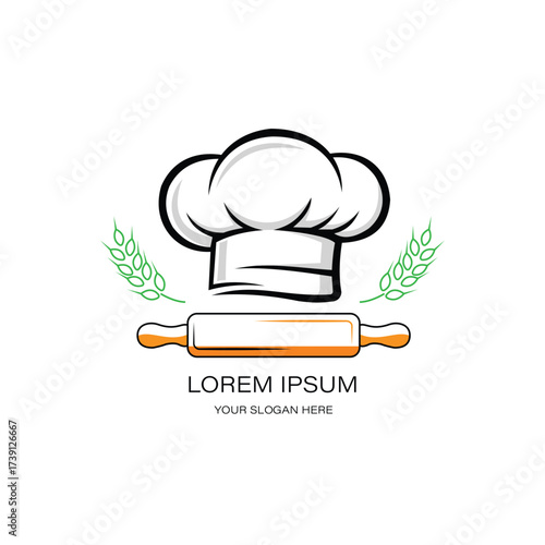 Minimalist restaurant and cafe logo chef hat and rolling pin with wheat ears