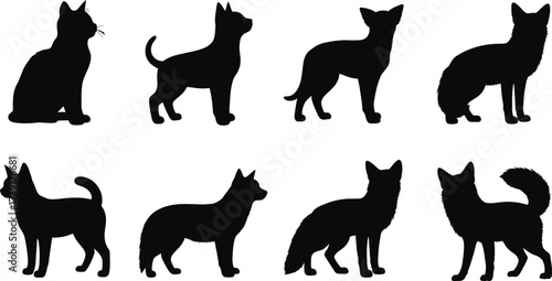 A collection of animal silhouettes featuring a cat and various dog breeds for design and creative projects