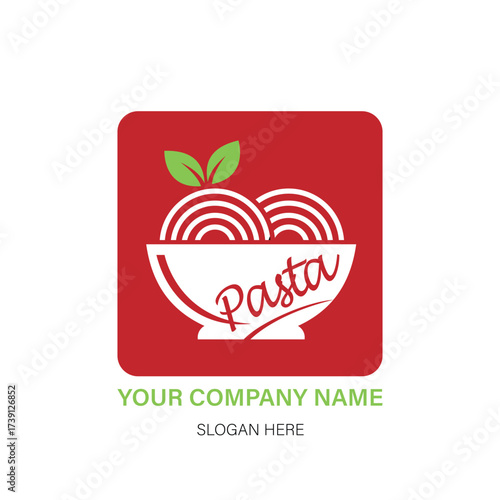 Modern restaurant logo a stylized logo featuring a bowl of pasta with the word pasta inside, set against a red square background with rounded corners