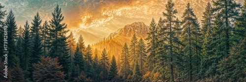 Scenic sunset view over a forest with mountains in the background and vibrant colors illuminating the sky
