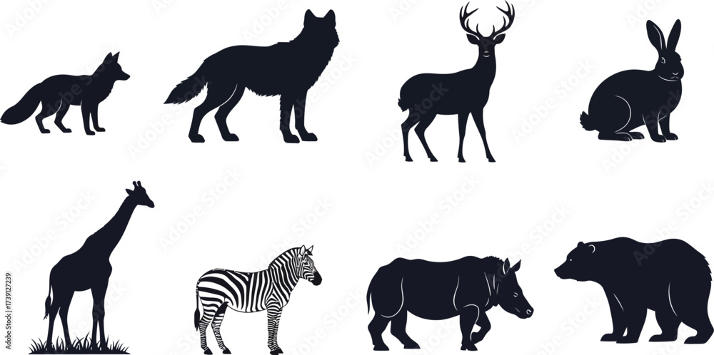 Obraz premium Silhouette collection of wild animals, including fox, wolf, deer, rabbit, giraffe, zebra, rhino and bear