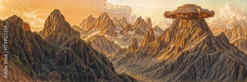 Mysterious floating structure above majestic mountain range at sunset