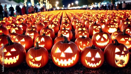 Rows of carved jack-o’-lanterns glowing at night during PumpkinFest