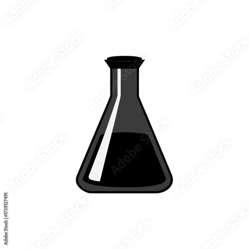 Black erlenmeyer flask with liquid isolated on transparent background
