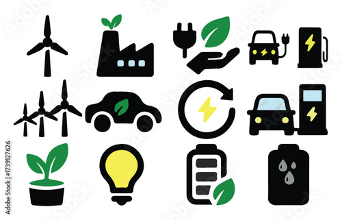 Eco Energy Vector Icons Set - Renewable Energy, Electric Cars, Charging Stations, Solar Power, Wind Turbine, Green Battery
