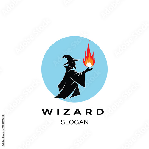 Minimalist modernize logo vector art of a black silhouette of a wizard holding a flame in his hand, with the text wizard si slogan below, isolated on a