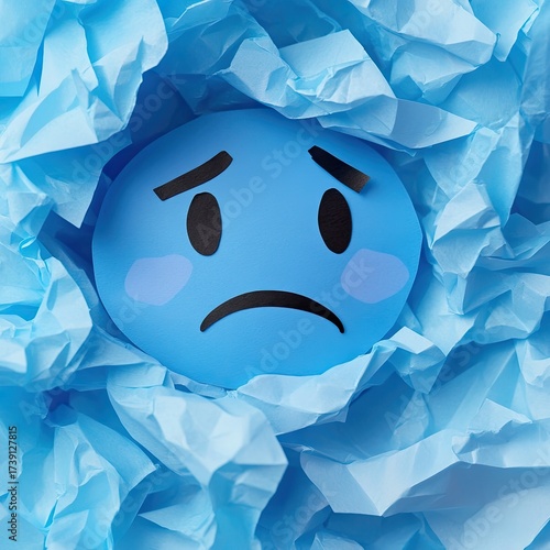 Sad blue emoji nestled in wrinkled blue paper