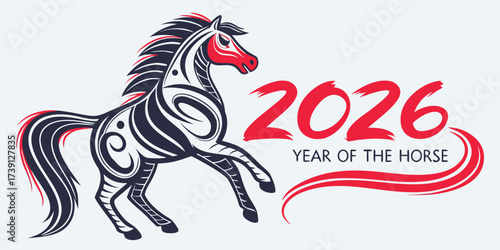 Chinese New Year 2026 Year of the Horse Dynamic Vertical Poster with Powerful Rearing Stallion Illustration and Abstract Red Brush Strokes