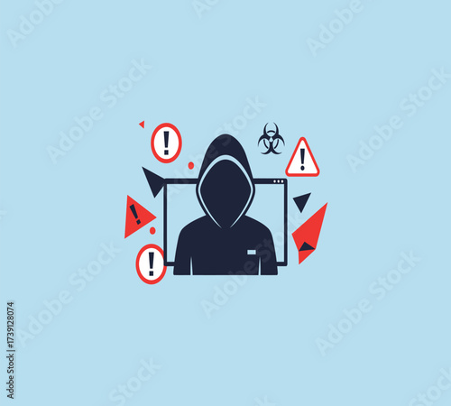 Hooded Hacker with Laptop and Binary Code — Cybersecurity Vector Illustration