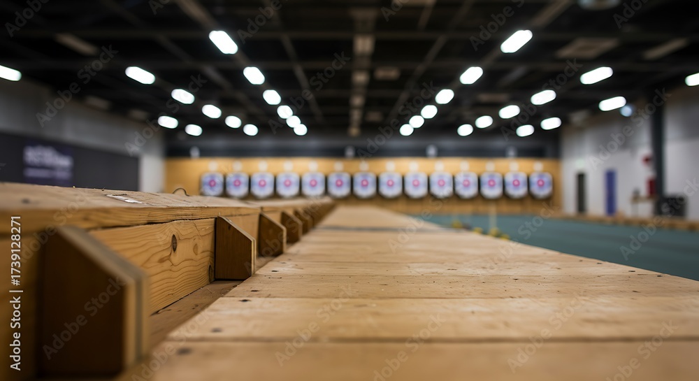 custom made wallpaper toronto digitalIndoor archery range with wooden benches and targets in a row for commercial usage and mockups