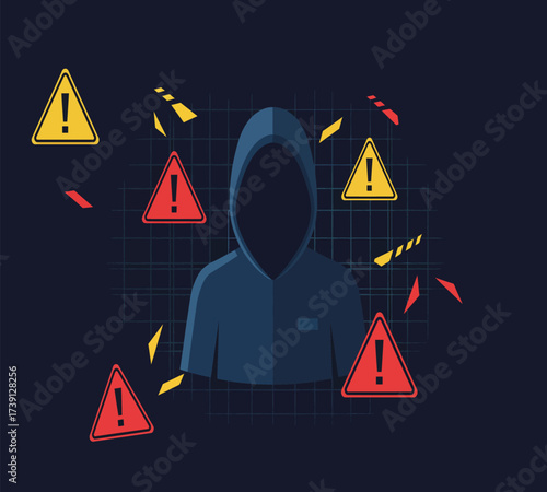 Hooded Hacker with Laptop and Binary Code — Cybersecurity Vector Illustration