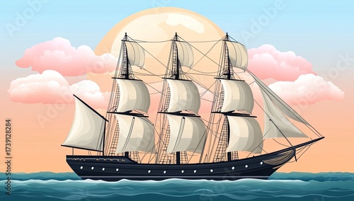 Sailboat. Sky glows behind with clouds and serene water