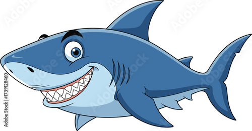 Cartoon shark illustration, smiling shark drawing, blue shark vector, funny ocean predator artwork, sea animal design, marine life cartoon, happy shark character