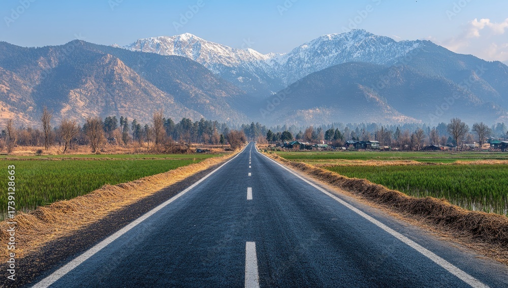 Naklejka premium Asphalt road stretches towards snowy mountain peaks