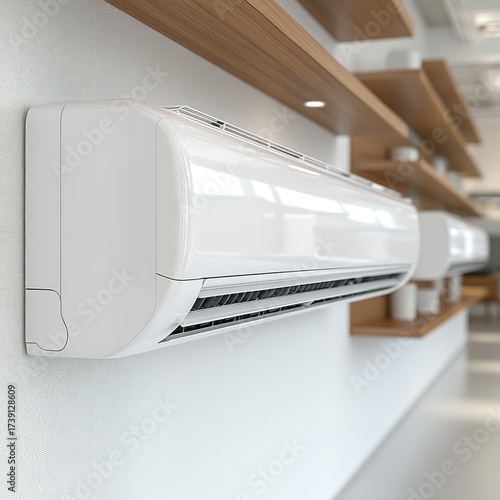 Air conditioners on wall, shelves, minimalist, clean, modern