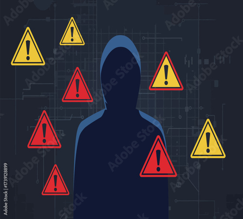 Hooded Hacker with Laptop and Binary Code — Cybersecurity Vector Illustration