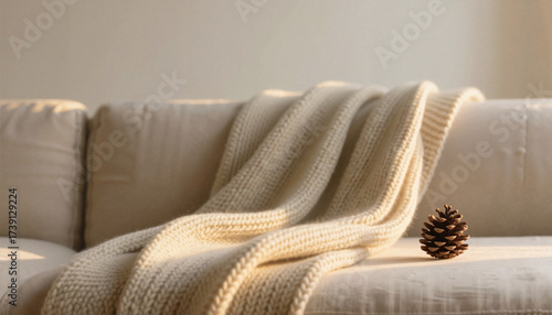 Cozy beige knitted blanket draped over sofa with pinecone  