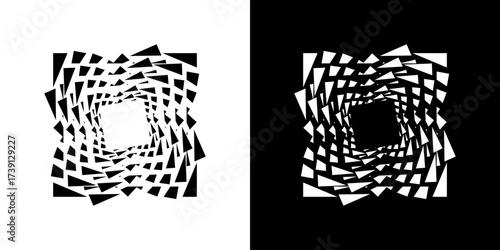 Spiral optical illusion abstract vector design with repeating geometric elements in black-and-white contrast, creating a dynamic and stunning visual effect.