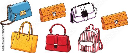 The image showcases a collection of seven different types of bags, illustrated in a cartoon-like style. Here’s a description of each bag: