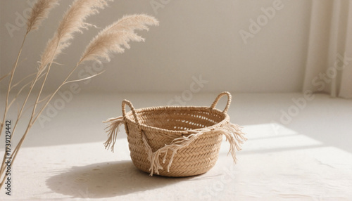 Woven straw basket with handles on soft fabric background   