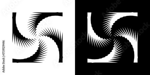 Spiral optical illusion abstract vector design with repeating geometric elements in black-and-white contrast, creating a dynamic and stunning visual effect.