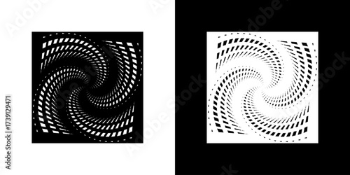 Spiral optical illusion abstract vector design with repeating geometric elements in black-and-white contrast, creating a dynamic and stunning visual effect.