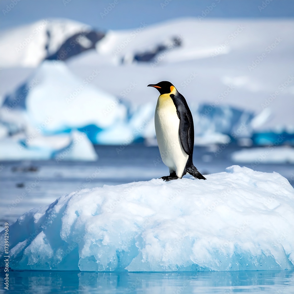 Fototapeta premium A lone penguin stands on a floating iceberg