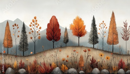 Fall hillside warm toned trees & distant mountains