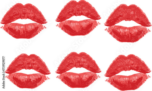 Red lipstick kiss print collection, sensual lip illustration, fashion makeup symbol, romantic love design, beauty cosmetic art, passion, glamour, valentines background