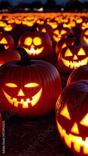 Rows of carved jack-o’-lanterns glowing at night during PumpkinFest