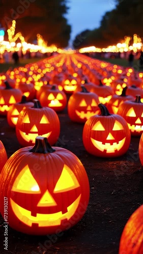 Rows of carved jack-o’-lanterns glowing at night during PumpkinFest
