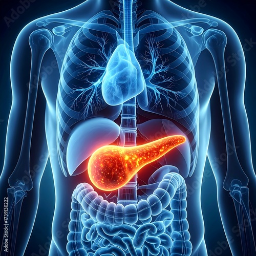Pancreas highlighted in anatomical illustration