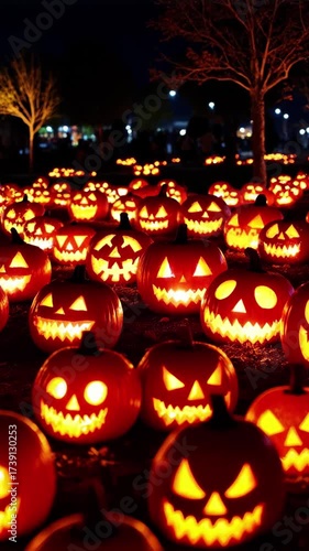 Rows of carved jack-o’-lanterns glowing at night during PumpkinFest