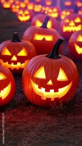 Rows of carved jack-o’-lanterns glowing at night during PumpkinFest