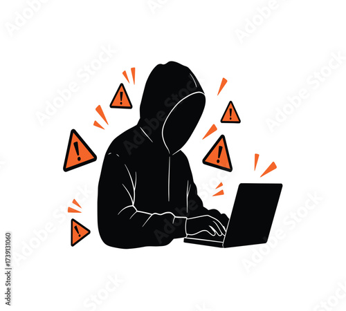 Hooded Hacker with Laptop and Binary Code — Cybersecurity Vector Illustration