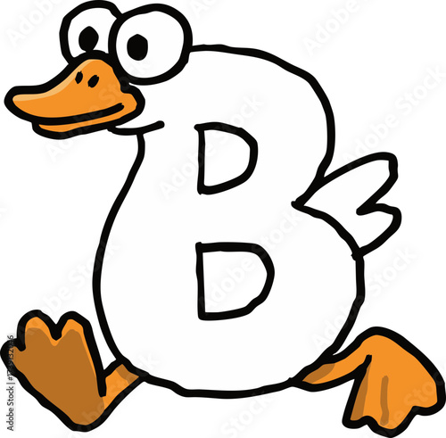 Silly goose letter B cartoon character running. Happy alphabet mascot illustration fun and playful design element