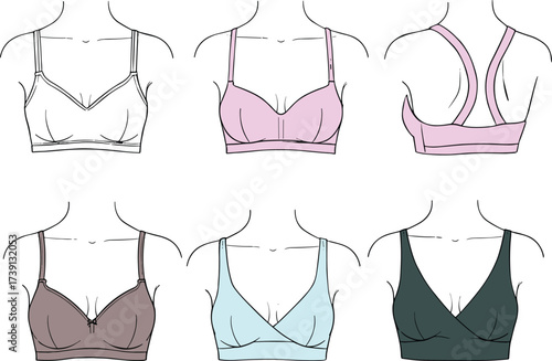 Vector illustration of women’s bra design set, lingerie fashion sketch, underwear template, stylish intimate apparel, clothing mockup, fashion design outline