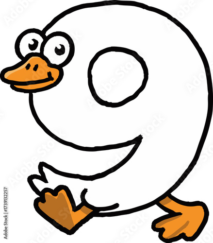 Silly cartoon number nine goose letter character walking. Funny white animal bird illustration with happy face