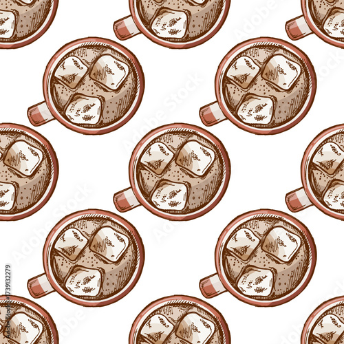 Hand drawn vintage seamless pattern of hot cocoa mugs with marshmallows in rustic style top view color illustration
