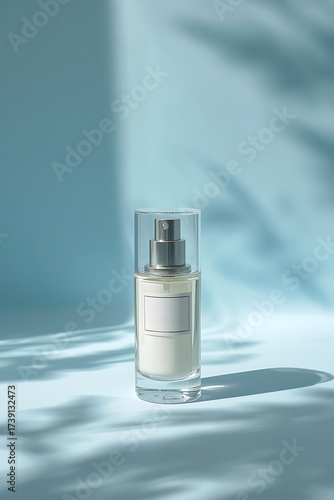 A Perfume Bottle with Brand Label Close up Mockup in Soft Blue background with natural light and soft shadow, Perfect for Cosmetic and Perfume Brand