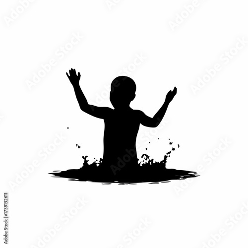 Silhouette of a boy splashing water in a pool isolated on white background