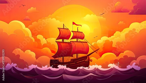 Sailing ship silhouetted by giant sun in vibrant, stylized sea