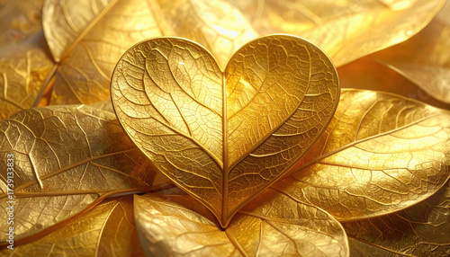 Luxurious gold leaf heart texture creating an elegant metallic background among shimmering golden leaves