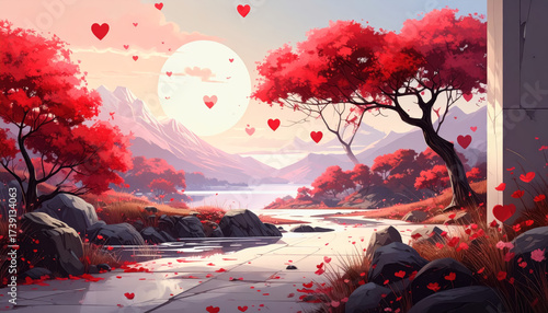 Scenic view of a red tree by a river with floating hearts in the air creating a dreamy love-inspired atmosphere